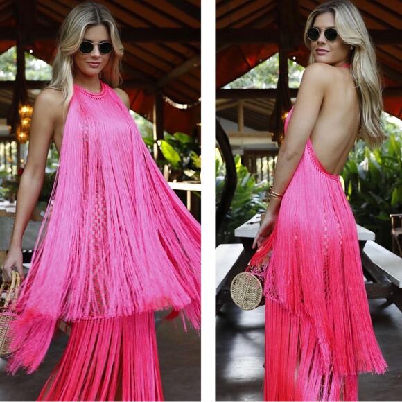 ANDREA ALMEIDA Dresses & Skirts - ANDREA ALMEIDA Bel Crochet Fringe Tiered Pink Maxi Dress Size XS/S